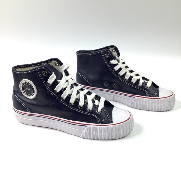 PF Flyers Navy High-Top Sneakers Faux Leather Rubber Toe Caps W8 M6.5 - Picture 2 of 8